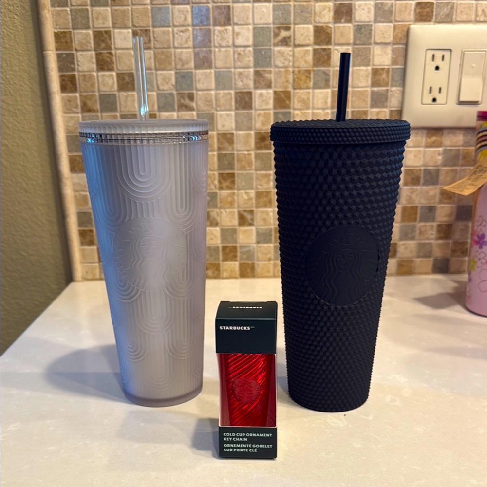 Starbucks Black and Gray Tumbler Set with Red Keychain Ornament (3 pieces)
